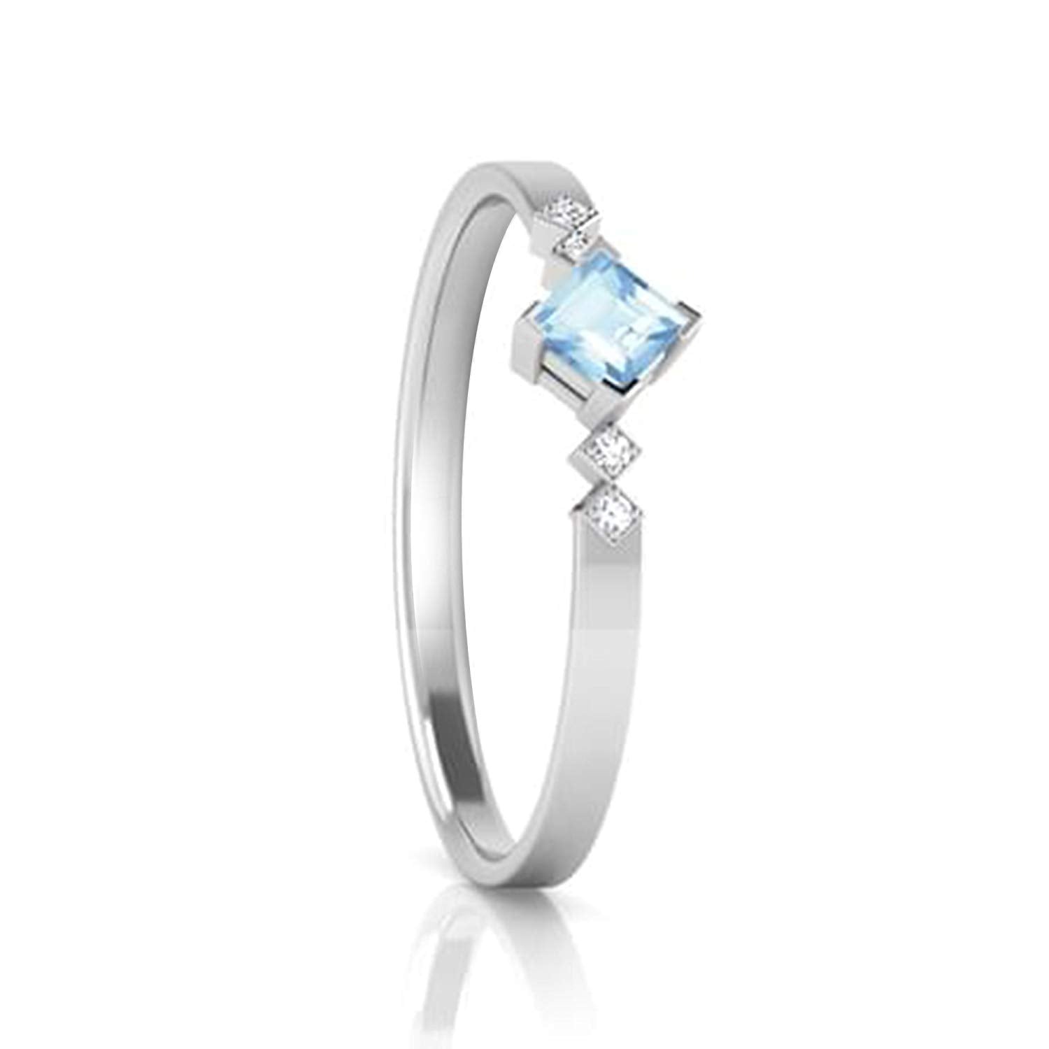 atjewels White Gold Plated 925 Sterling Silver Princess Cut Aquamarine & White CZ Five Stone Ring MOTHER'S DAY SPECIAL OFFER - atjewels.in