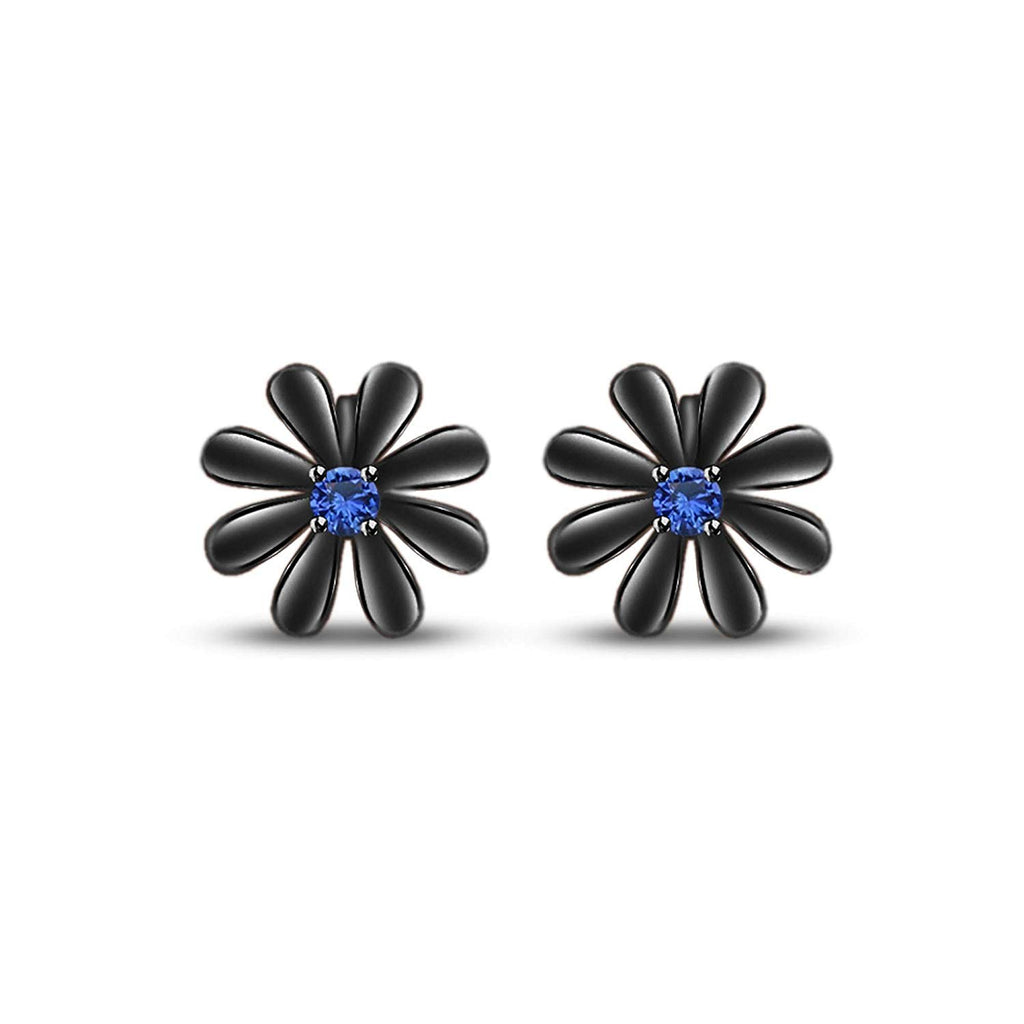 atjewels Round Cut Blue Sapphire Black Rhodium .925 Sterling Silver Flower Stud Earrings Girls & Wome's For MOTHER'S DAY SPECIAL OFFER - atjewels.in