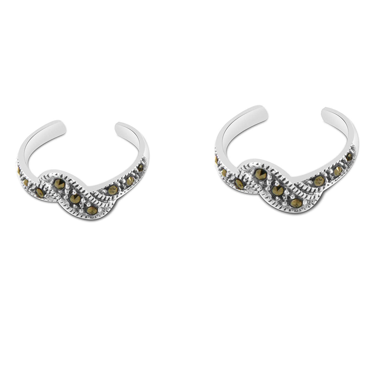 atjewels Round Marcasite .925 Sterling Silver Bypass Adjustable ToeRing For Women's and Girls - atjewels.in