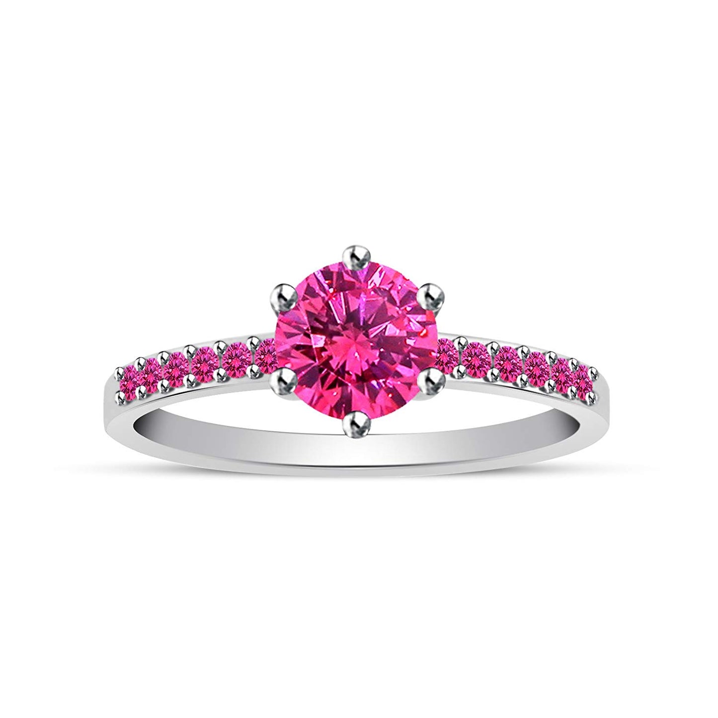 atjewels 18K White Gold Over 925 Sterling Silver Round Pink Sapphire Solitaire with Accent Ring MOTHER'S DAY SPECIAL OFFER - atjewels.in