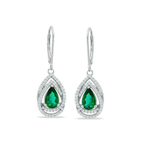 atjewels 14k White Gold Over .925 Silver Pear Green Emerald and White Cubic Zirconia Lever Back Earrings MOTHER'S DAY SPECIAL OFFER - atjewels.in