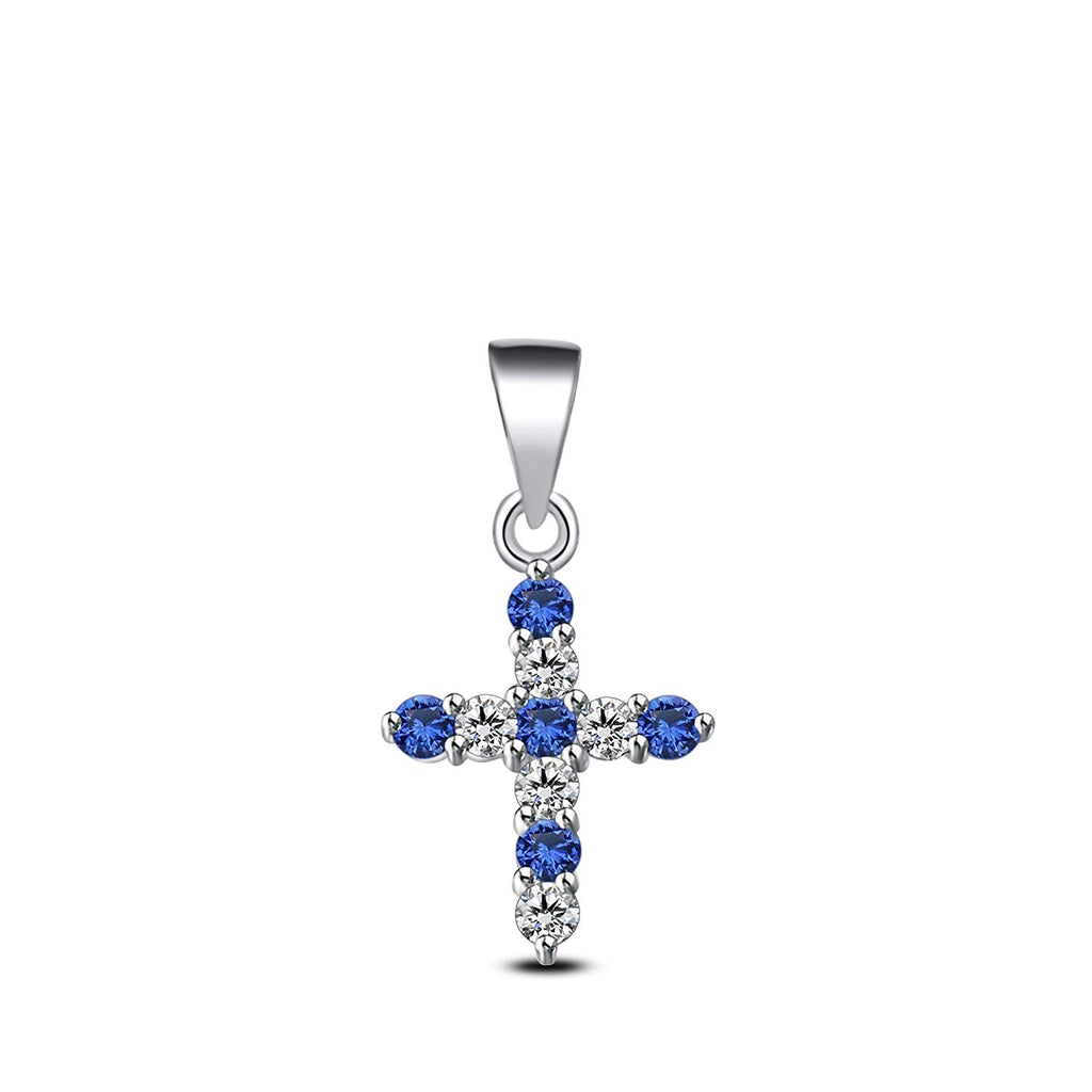 atjewels 18K White Gold on 925 Sterling Blue Sapphire and White CZ Double Cross Pendant MOTHER'S DAY SPECIAL OFFER - atjewels.in