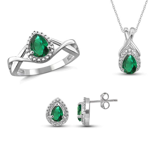 14k White Gold Over 925 Sterling Silver Emerald & White Cubic Zirconia Solitaire Pendant Earrings Ring Jewelry Set For Women's - atjewels.in