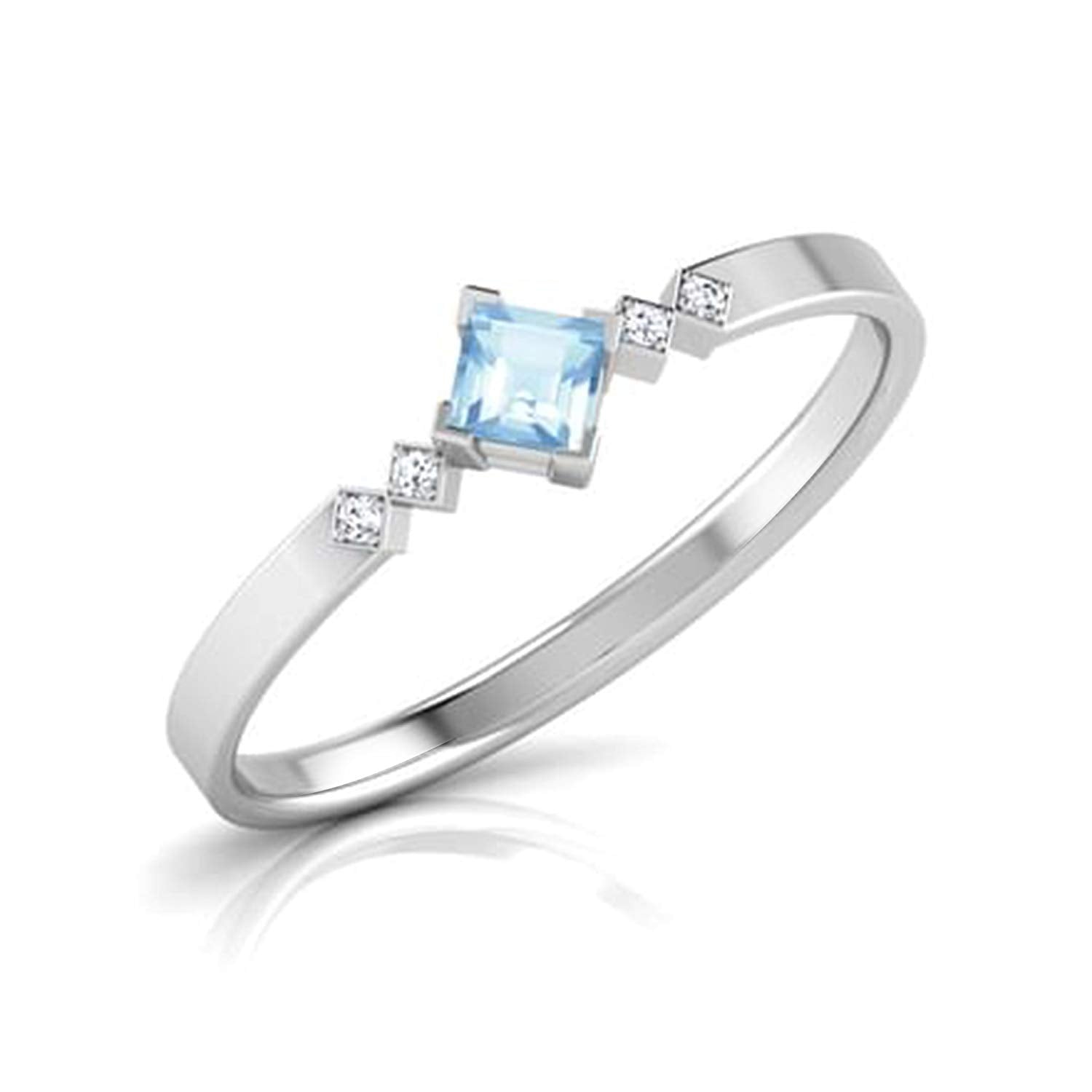 atjewels White Gold Plated 925 Sterling Silver Princess Cut Aquamarine & White CZ Five Stone Ring MOTHER'S DAY SPECIAL OFFER - atjewels.in