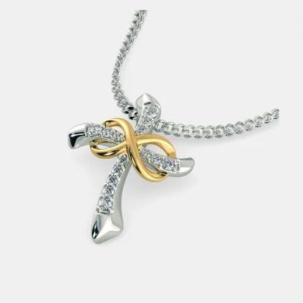 0.25 Ct Round Cut Diamond Two-Tone Infinity Cross Pendant In 925 Sterling Silver