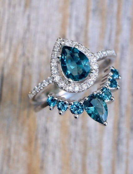 2 CT Pear Cut London Blue Topaz Diamond 925 Sterling Silver Halo Wedding Bridal Ring Set