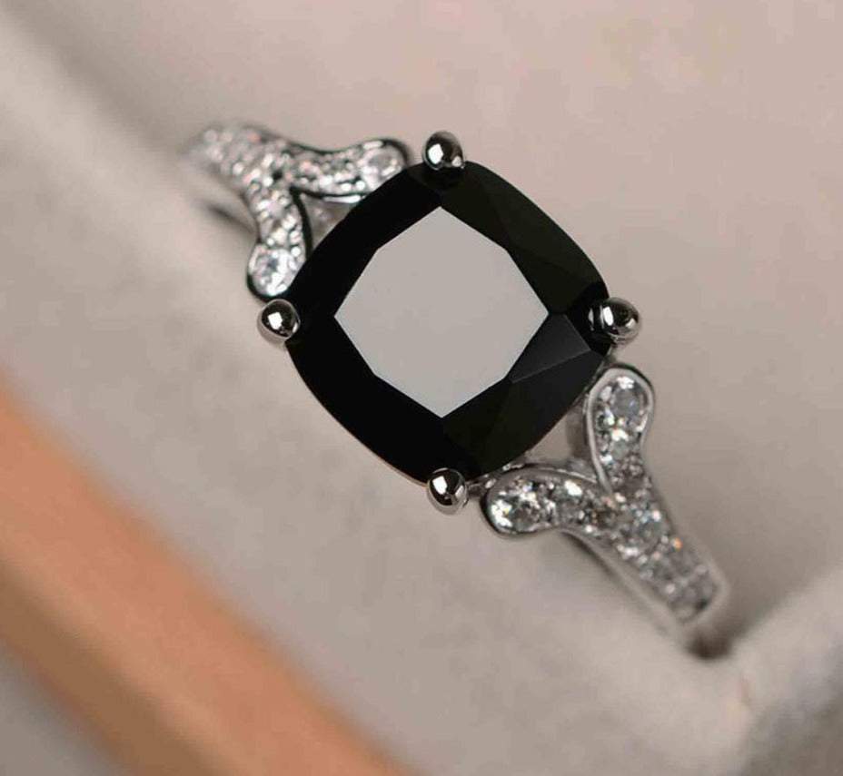 2 CT Cushion Cut Black & White Black Cubic Zirconia Diamond 925 Sterling Silver Unisex Engagement Solitaire Ring