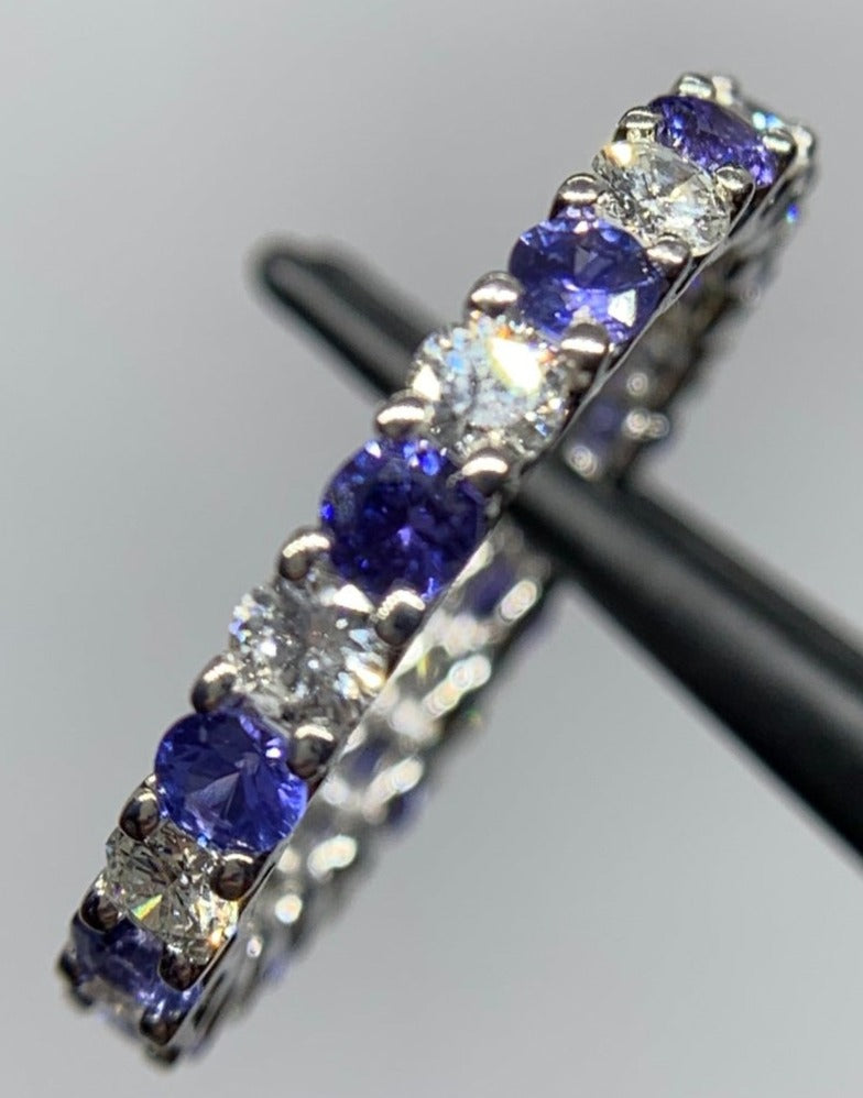 1 CT 925 Sterling Silver Blue Sapphire Round Cut Diamond Anniversary Band Ring