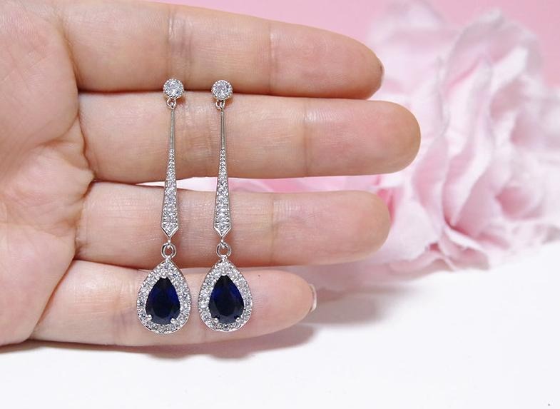 2.50 Ct Pear Cut Blue Sapphire & White CZ Drop/Dangle Engagement Wedding Earrings In 925 Sterling Silver
