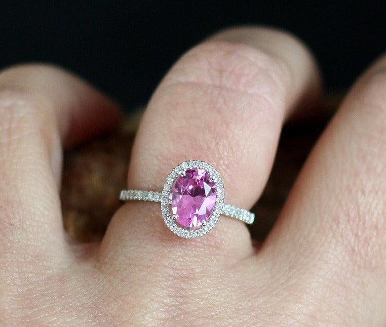 2 CT Oval Cut Pink Sapphire & Diamond 925 Sterling Silver Halo Anniversary Ring