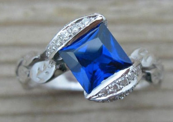 1 CT Princess Cut Blue Sapphire Diamond 925 Sterling Silver Women Anniversary Bypass Ring