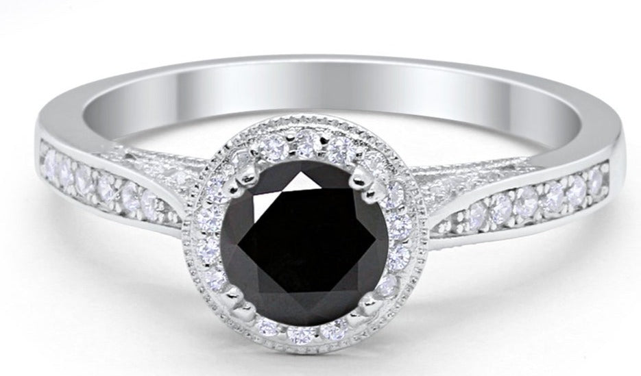 1 CT Round Cut Black Cubic Zirconia Diamond 925 Sterling Silver Halo Engagement Ring - atjewels.in