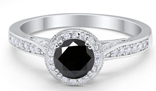 1 CT Round Cut Black Cubic Zirconia Diamond 925 Sterling Silver Halo Engagement Ring - atjewels.in