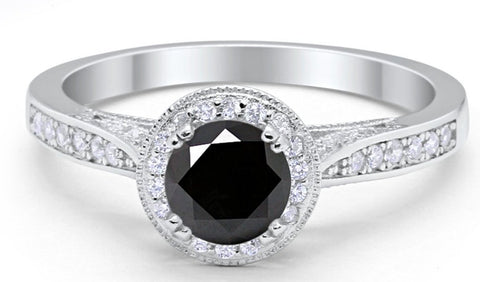 1 CT Round Cut Black Cubic Zirconia Diamond 925 Sterling Silver Halo Engagement Ring