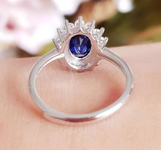 2 CT Oval Cut Blue Sapphire Diamond 925 Sterling Silver Halo Engagement Ring