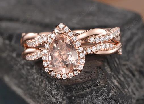 1 CT Pear Cut Peach Morganite Rose Gold Over On 925 Sterling Silver Women Halo Infinity Wedding Bridal Ring Set