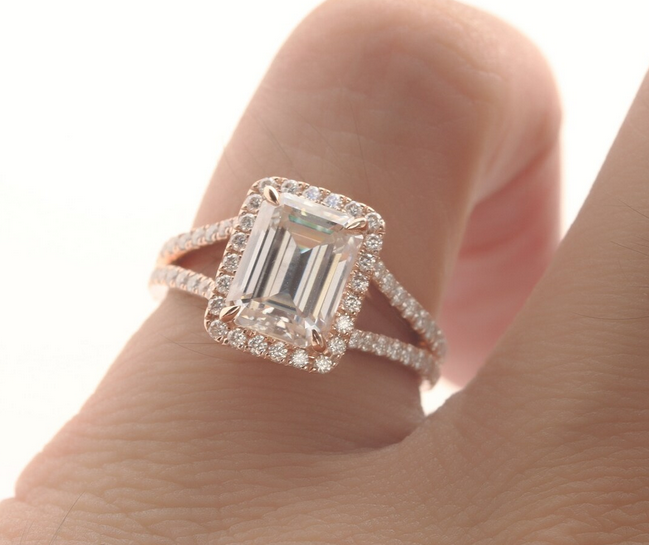 2 CT Emerald Cut Rose Gold Over On 925 Sterling Silver Split Shanks Accents Engagement Ring - atjewels.in