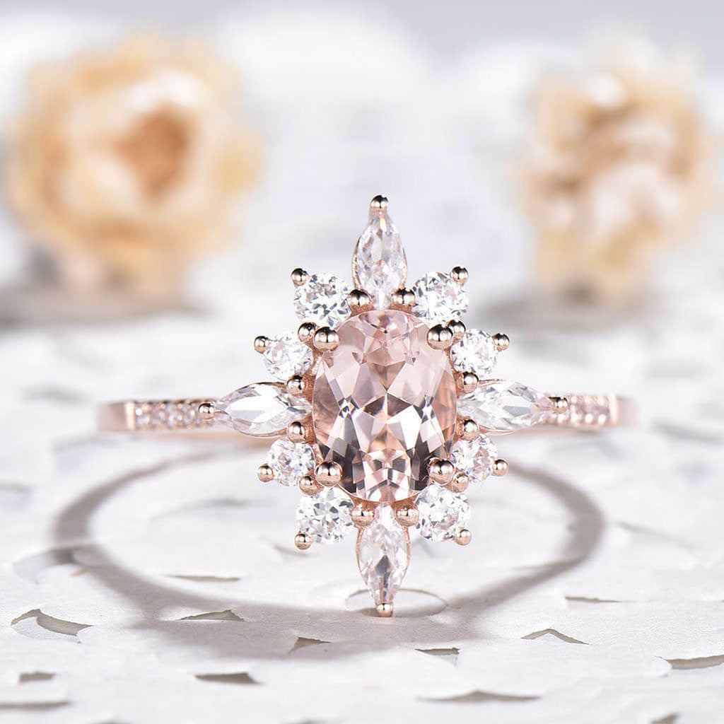 Oval Peach Morganite Engagement Ring with Diamond Cluster Halo - Rare Earth  Jewelry