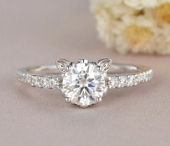 1 CT Round Cut Diamond White Gold Over On 925 Sterling Silver Dainty Kitty Ring