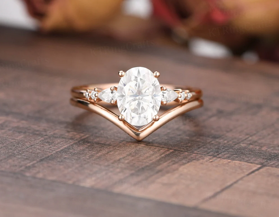 3 Stone Oval Diamond Engagement Ring, Half Moon Cut Sides