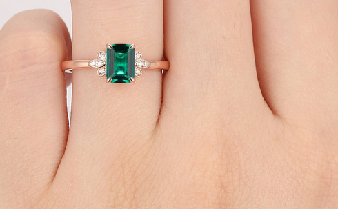 1 CT Emerald Cut Emerald & CZ Diamond Rose Gold Over On 925 Sterling Silver Cluster Wedding Ring