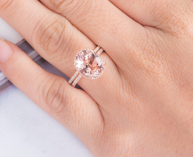 1 CT Oval Cut Morganite Rose Gold Over On 925 Sterling Silver Wedding Bridal Ring Set