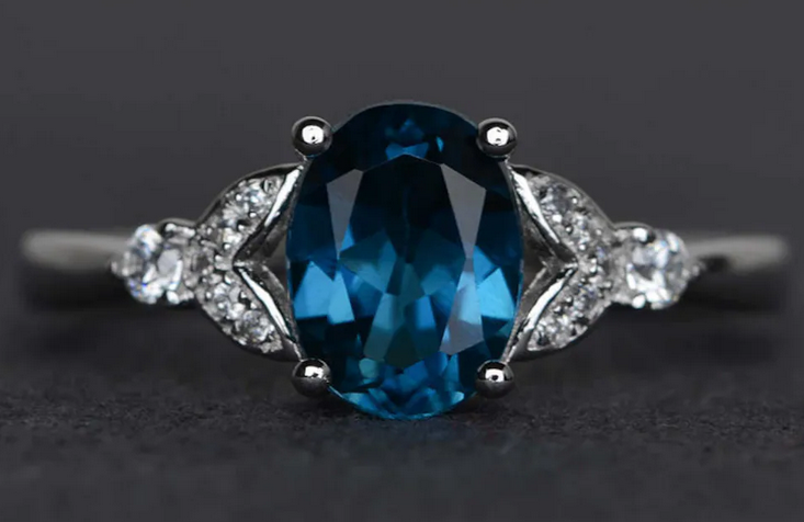 CT Oval Cut London Blue Topaz White Gold Over On 925 Sterling Silver Solitaire W/Accents Anniversary Ring