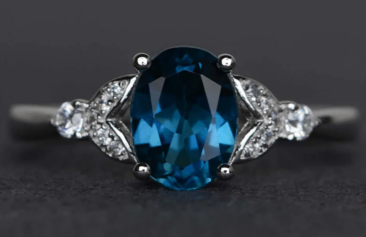 1 CT Oval Cut London Blue Topaz White Gold Over On 925 Sterling Silver Solitaire W/Accents Anniversary Ring
