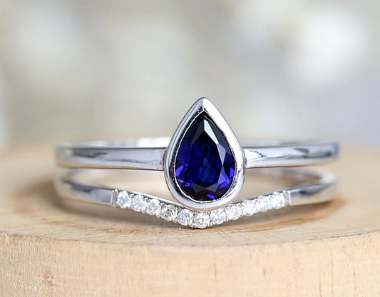 1 CT Pear Cut Blue Sapphire White Gold Over On 925 Sterling Silver Solitaire Engagement Ring Set
