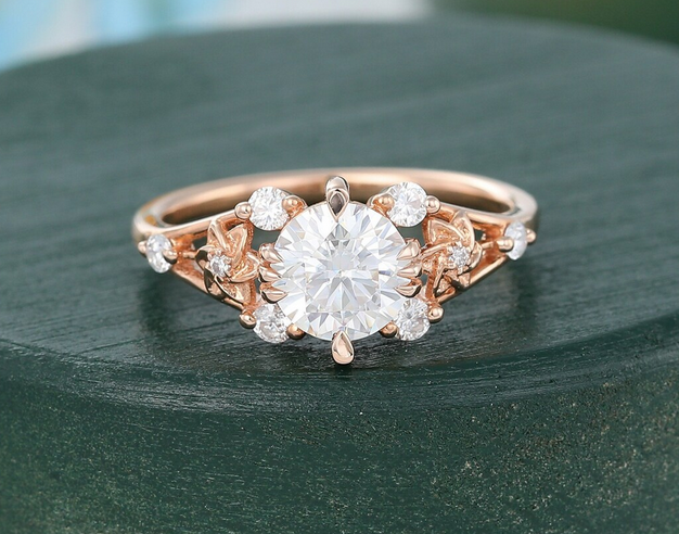 1 CT Round Cut Rose Gold Over On 925 Sterling Silver Vintage Floral Leaf Anniversary Ring For Women