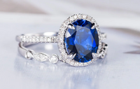 1 CT Oval Cut Blue Sapphire White Gold Over On 925 Sterling Silver Engagement Halo Ring Set