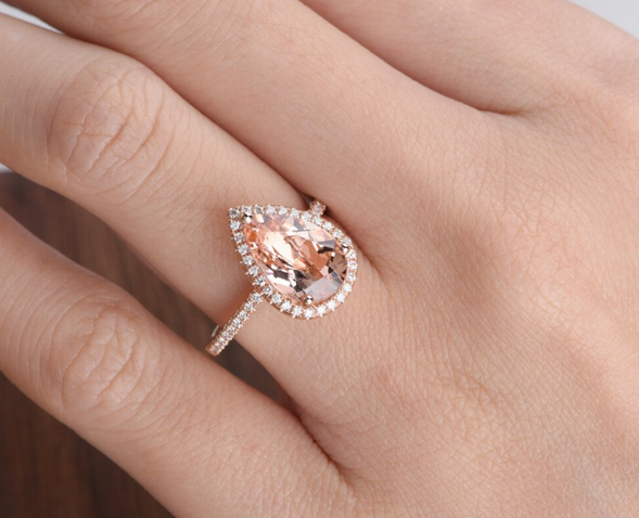 1 CT Pear Cut Morganite Rose Gold Over On 925 Sterling Silver Halo Anniversary Ring