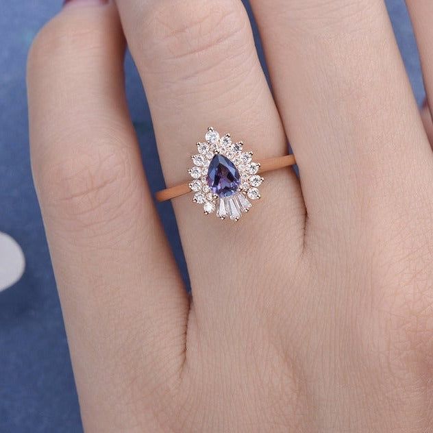 2 CT Pear Cut Alexandrite Diamond  925 Sterling Silver Antique Baguette Cluster Wedding Ring