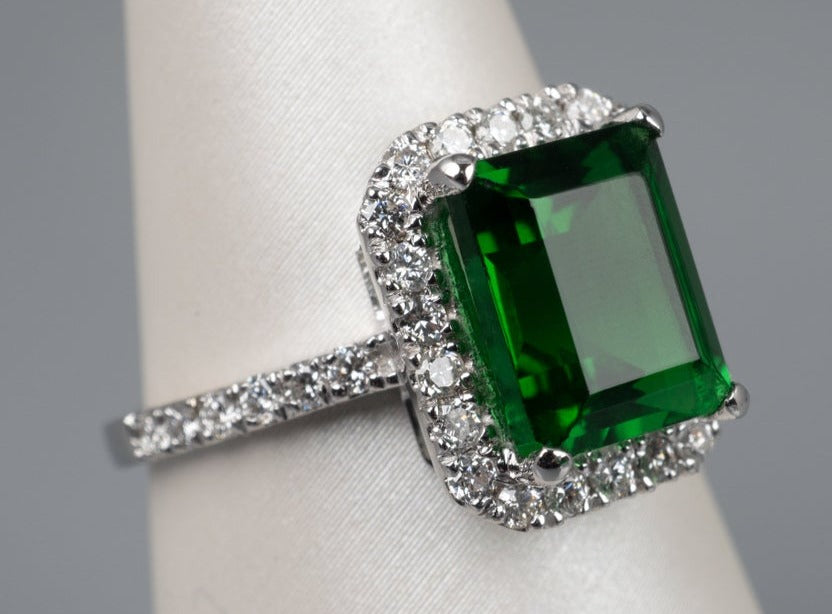 3 CT Emerald Cut Emerald Green Diamond 925 Sterling Silver Halo Unisex Engagement Ring