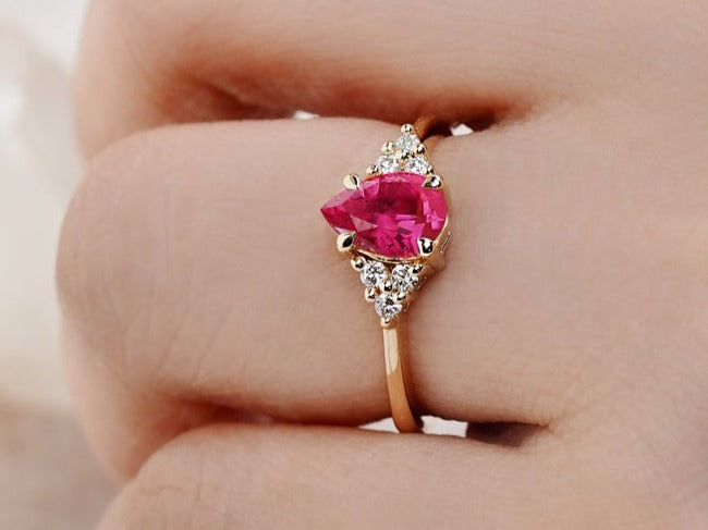2 CT Pear Cut Red Ruby Diamond 925 Sterling Silver Women Engagement Halo Ring