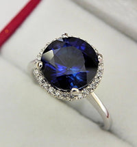 5 CT Sterling Silver Blue Sapphire Oval Cut Diamond Anniversary Halo Ring