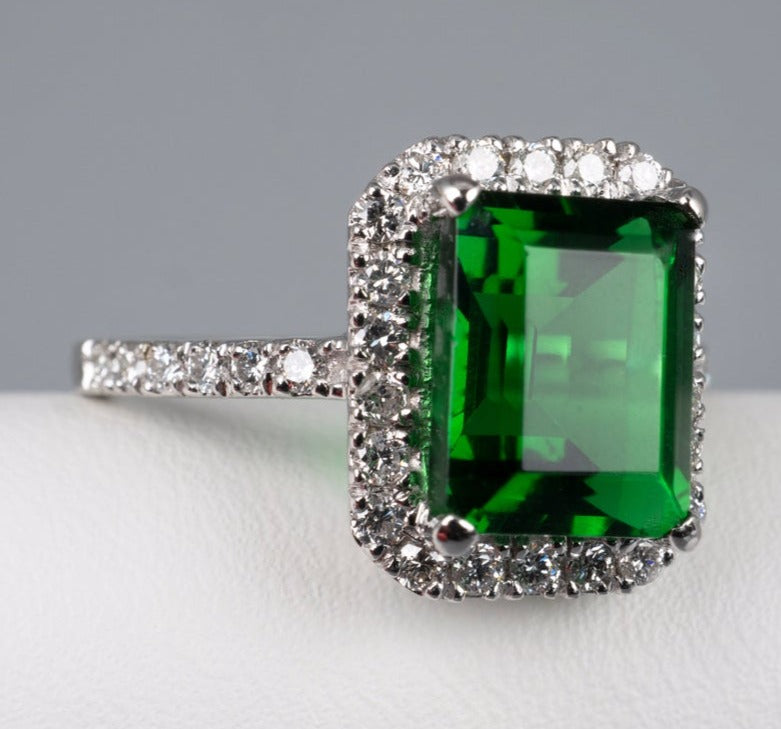 3 CT Emerald Cut Emerald Green Diamond 925 Sterling Silver Halo Unisex Engagement Ring