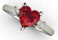 2 CT Heart Cut Red Ruby 3 Stone Diamond 925 Sterling Silver Anniversary Ring