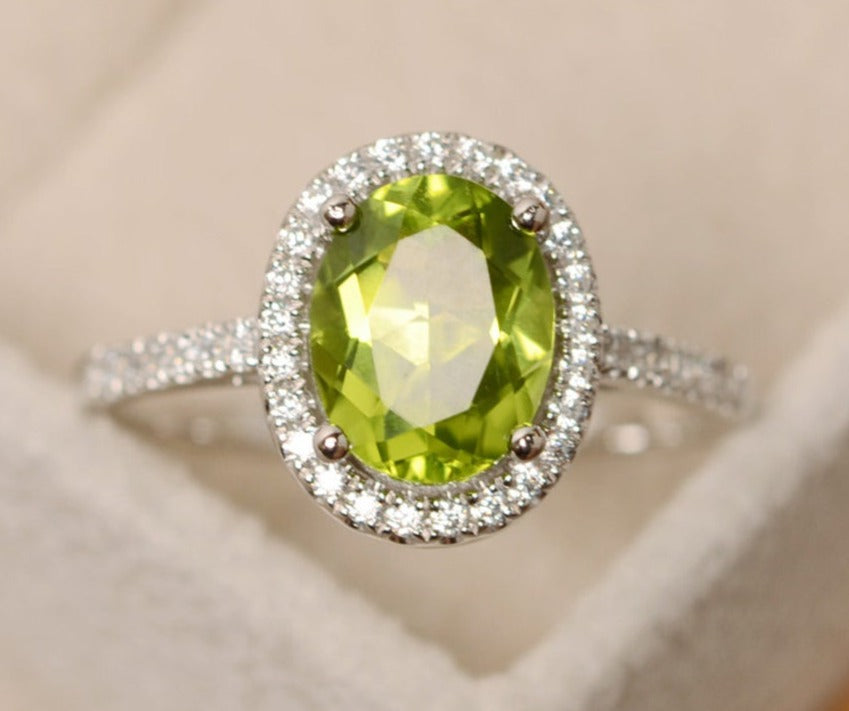 2 CT 925 Sterling Silver Green Peridot Oval Cut Diamond Anniversary Halo Ring