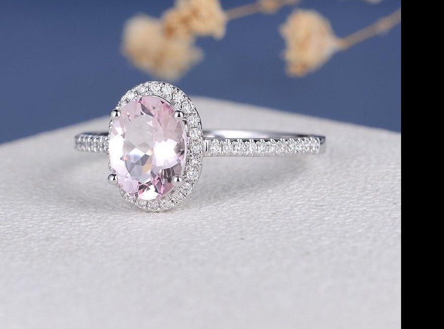 1.75 Ct Oval Cut Pink Morganite 925 Sterling Silver Gorgeous Halo Engagement Ring