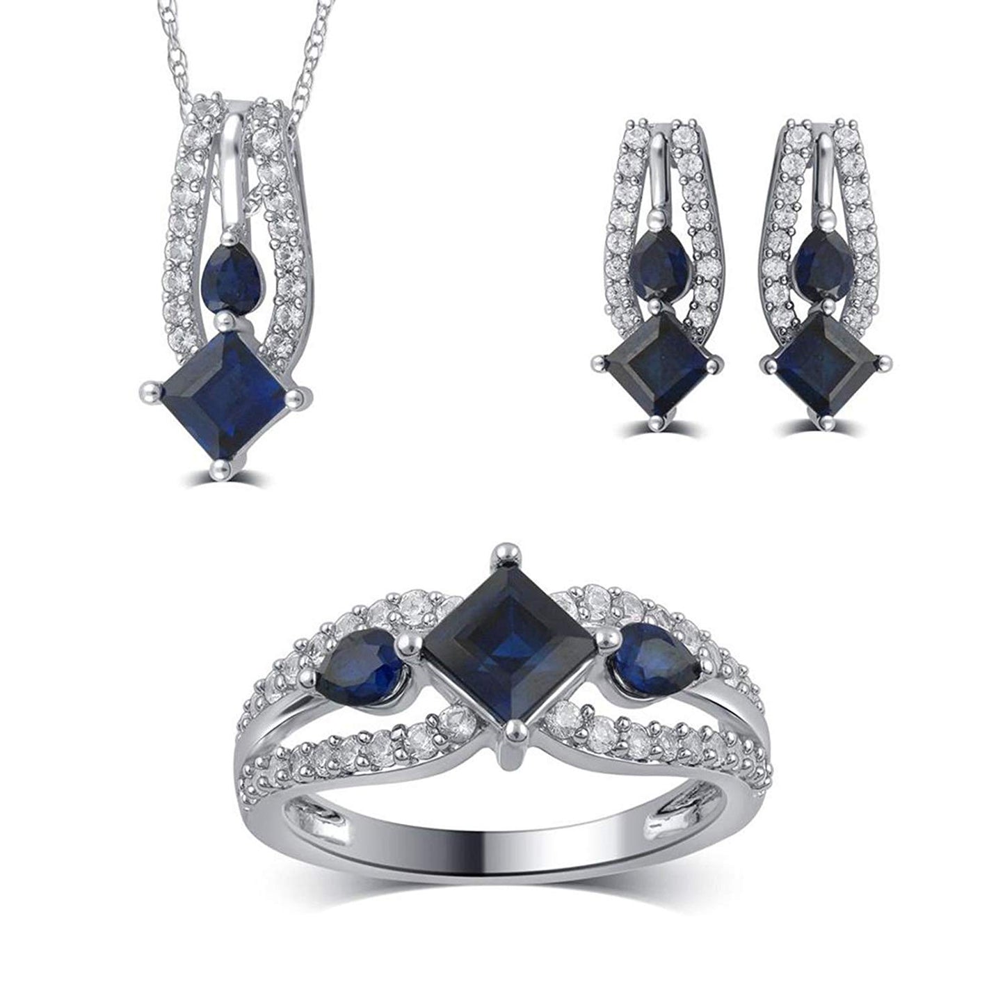 atjewels Blue Sapphire & White CZ .925 Sterling Earrings/Ring/Pendant Jewelry Set For Women's/Girl's - atjewels.in