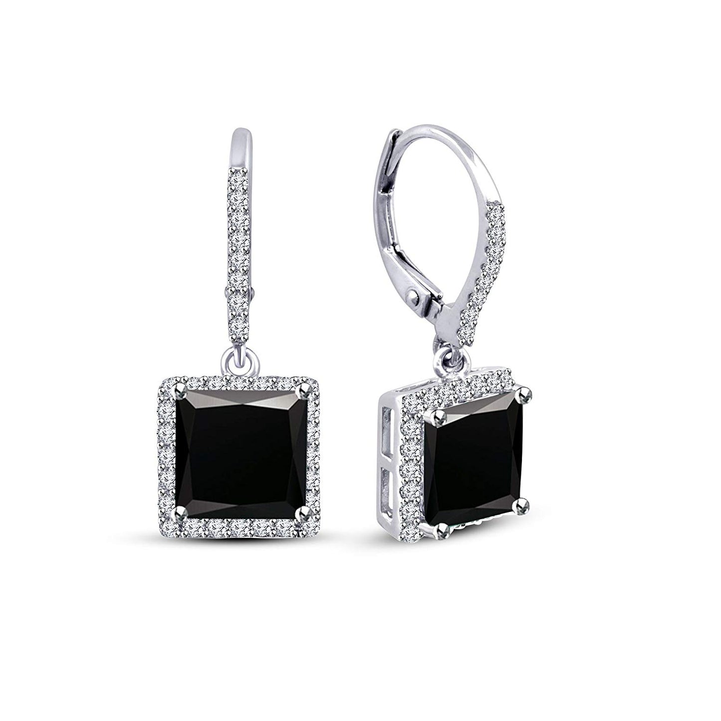 atjewels Princess Black and Round White Cubic Zirconia Sterling Silver 925 Lever Back Dangle Earrings MOTHER'S DAY SPECIAL OFFER - atjewels.in