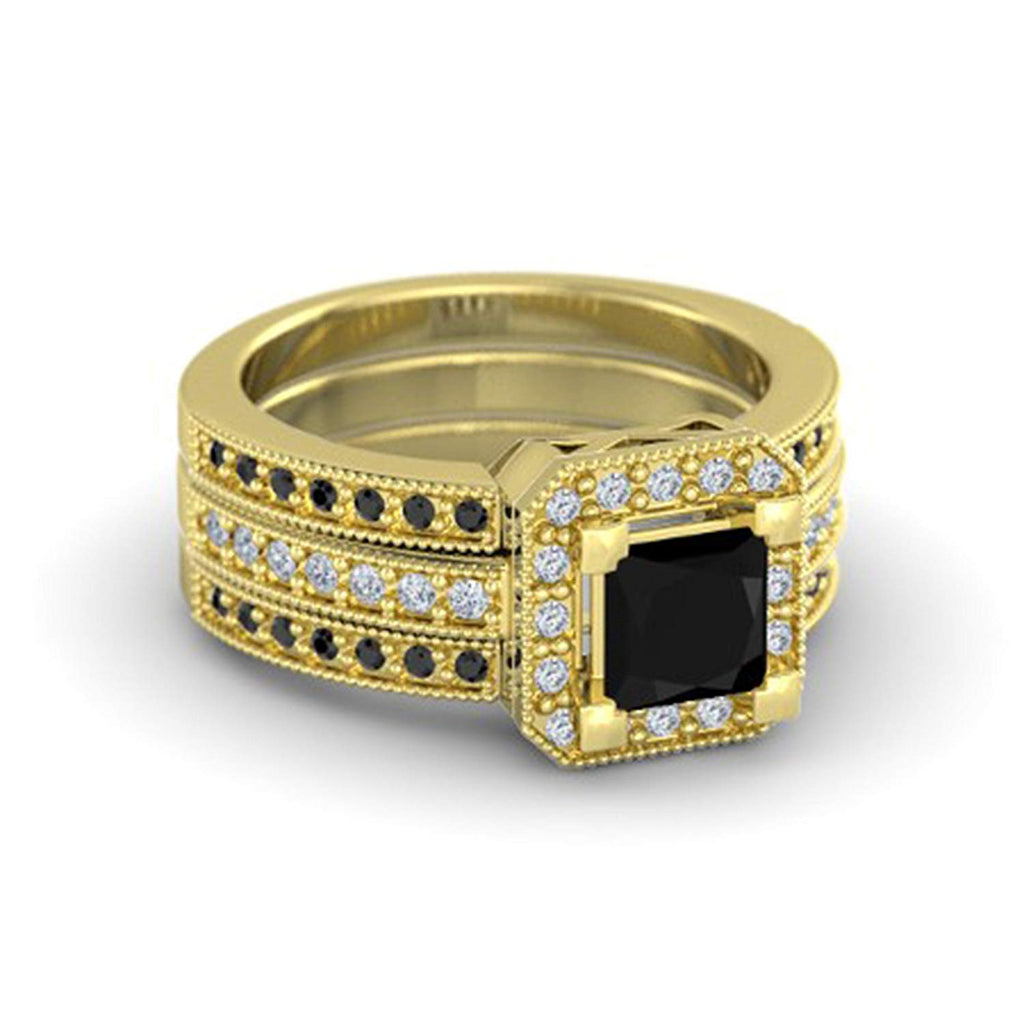 atjewels 18K Yellow Gold Over 925 Silver Princess and Round Black and White CZ Engagement Ring MOTHER'S DAY SPECIAL OFFER - atjewels.in
