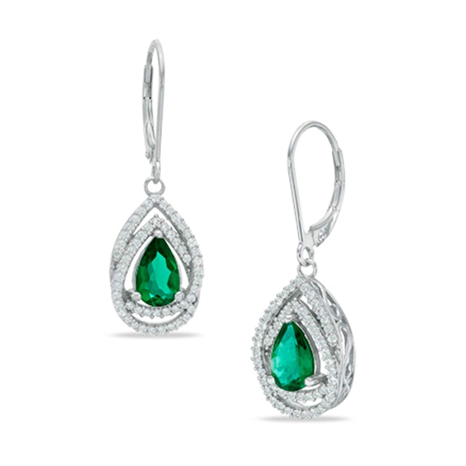 atjewels 14k White Gold Over .925 Silver Pear Green Emerald and White Cubic Zirconia Lever Back Earrings MOTHER'S DAY SPECIAL OFFER - atjewels.in