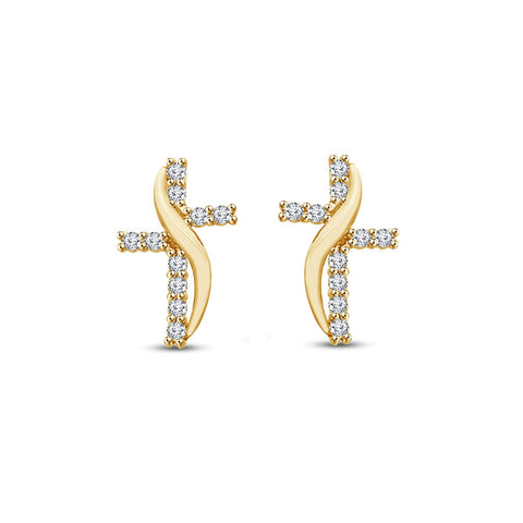 atjewels Round White CZ Cross Stud Earrings in 18k Yellow Gold Plated on 925 Sterling Silver MOTHER'S DAY SPECIAL OFFER - atjewels.in