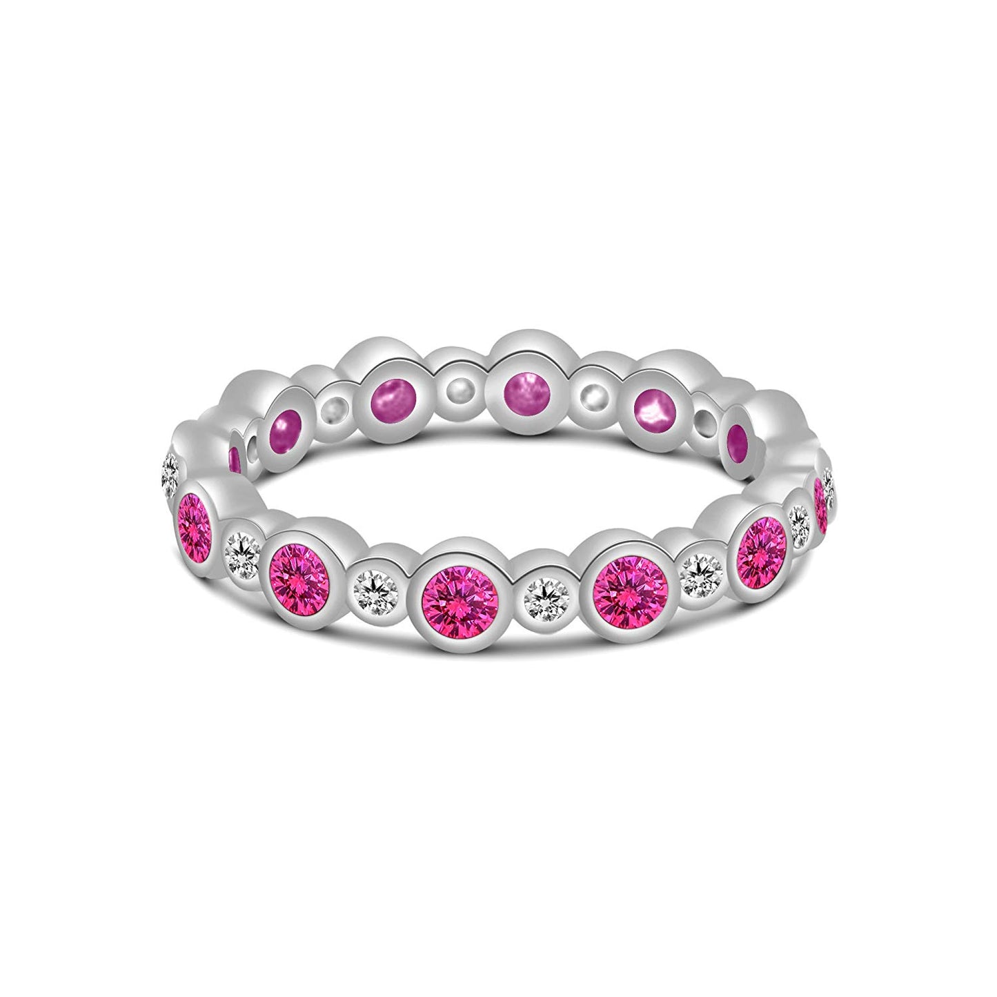 atjewels Round Pink Sapphire and White CZ 14k White Gold Over .925 Sterling Eternity Band Ring MOTHER'S DAY SPECIAL OFFER - atjewels.in