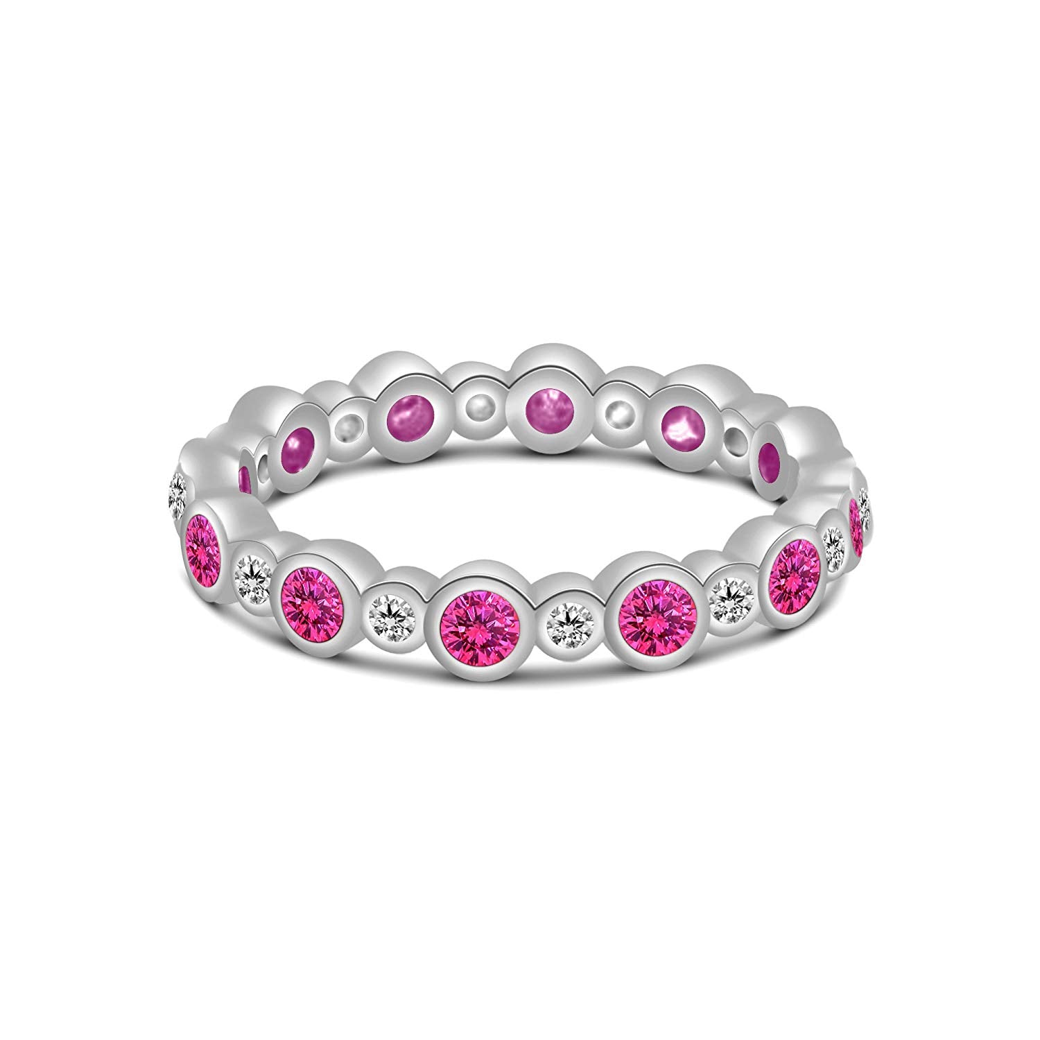 atjewels Round Pink Sapphire and White CZ 14k White Gold Over .925 Sterling Eternity Band Ring MOTHER'S DAY SPECIAL OFFER - atjewels.in