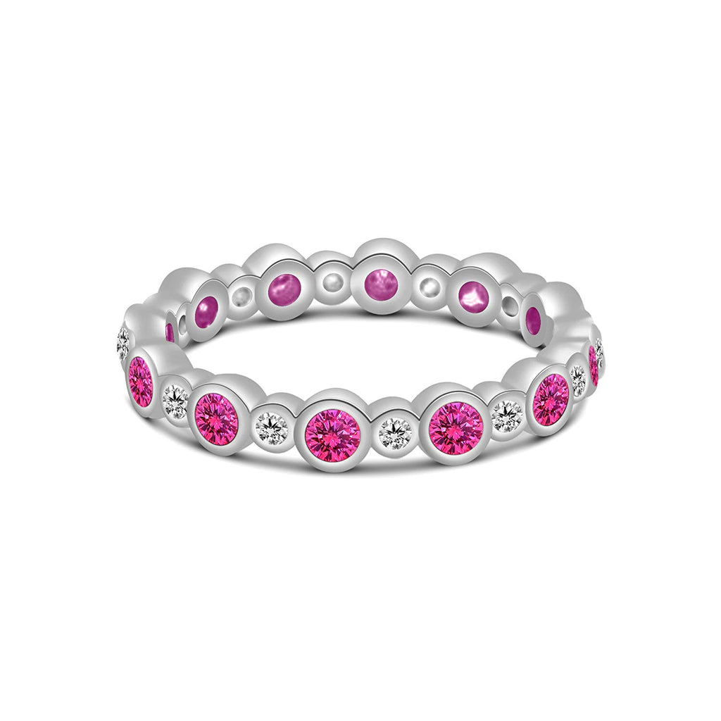 atjewels Round Pink Sapphire and White CZ 14k White Gold Over .925 Sterling Eternity Band Ring MOTHER'S DAY SPECIAL OFFER - atjewels.in