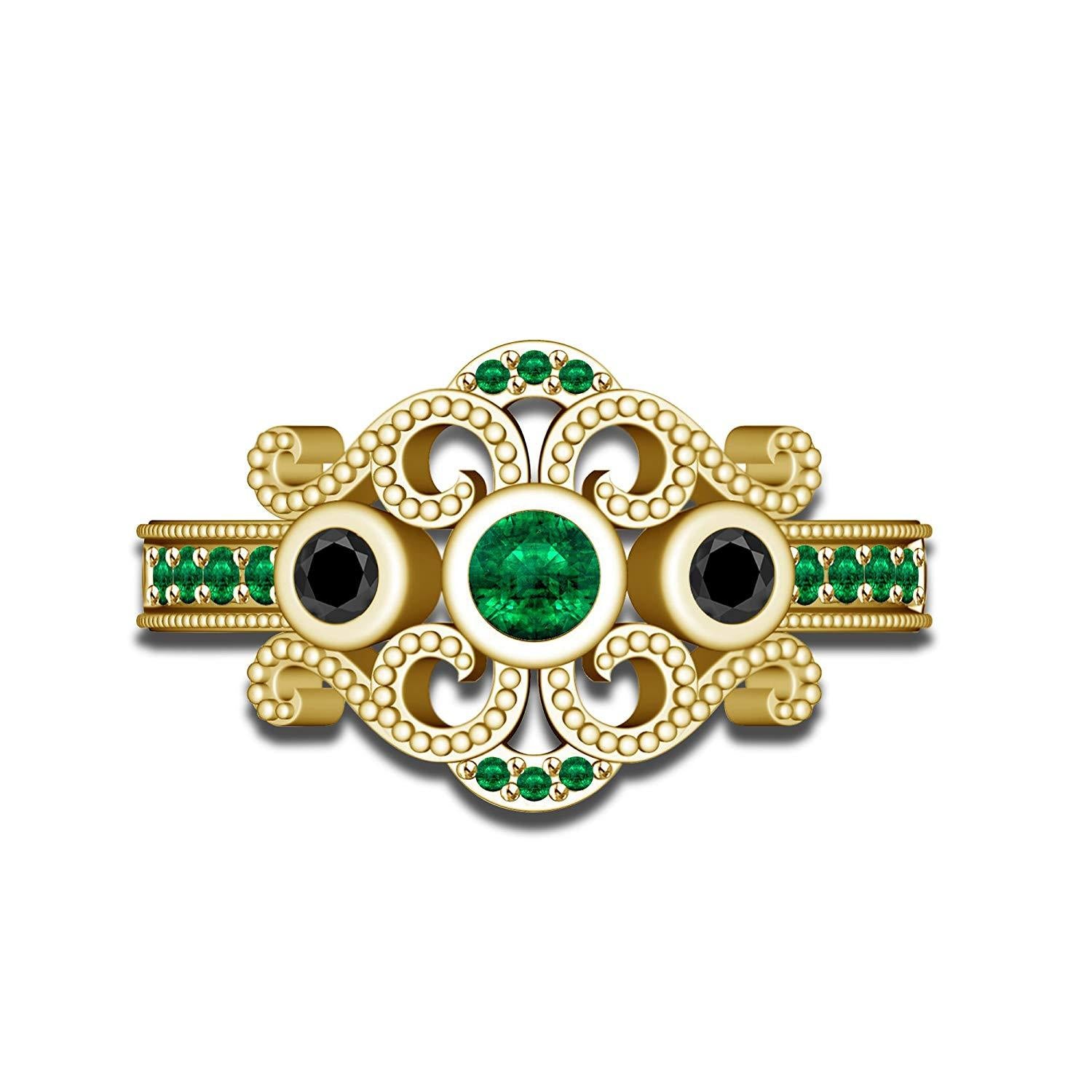 atjewels 14k Yellow Gold On 925 Silver Green Emerald and Black CZ  Princess M Engagement Ring MOTHER'S DAY SPECIAL OFFER - atjewels.in