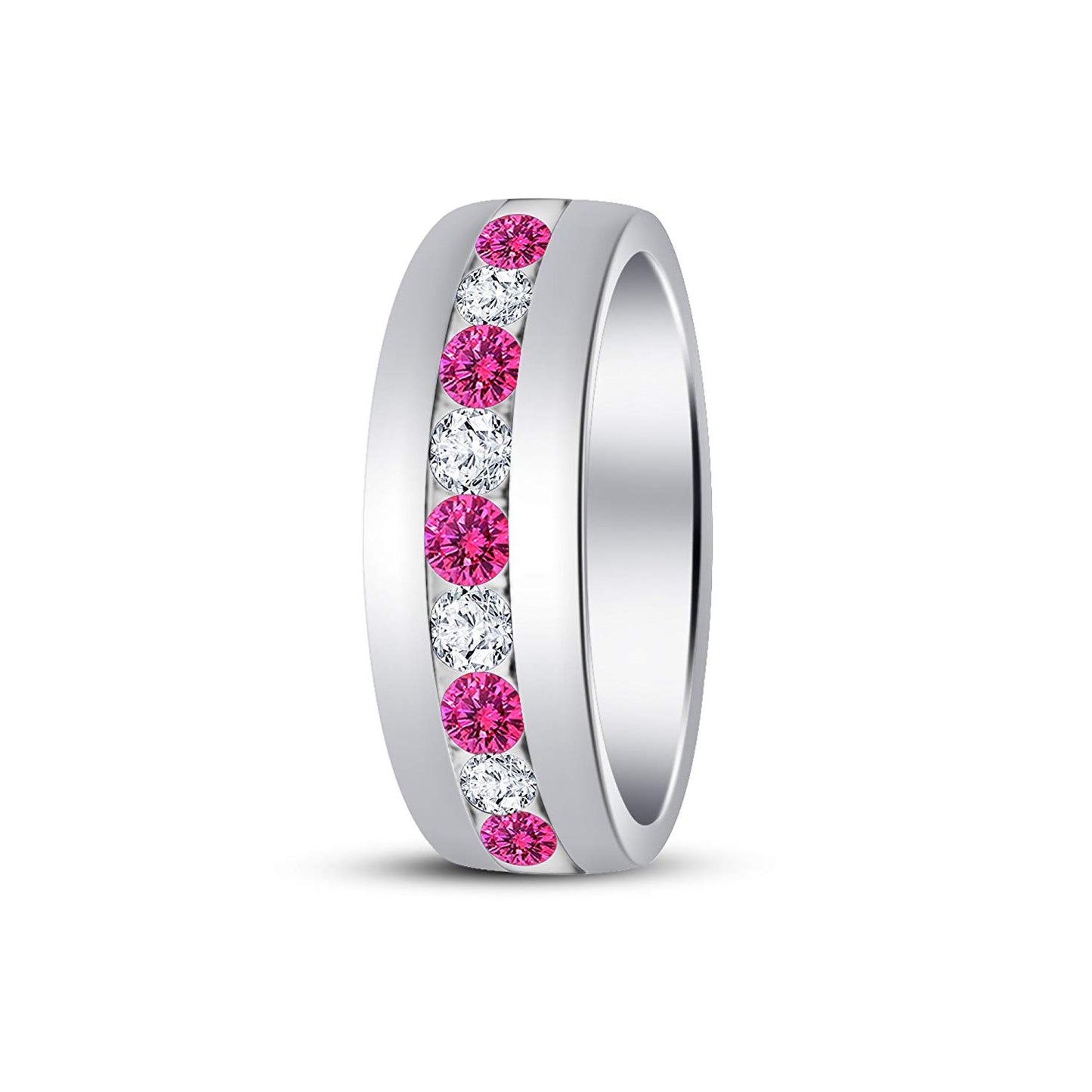 atjewels Round Cut Pink Sapphire & White CZ .925 Sterling Silver Wedding Band Ring For Women's and Girl's For Diwali Special - atjewels.in